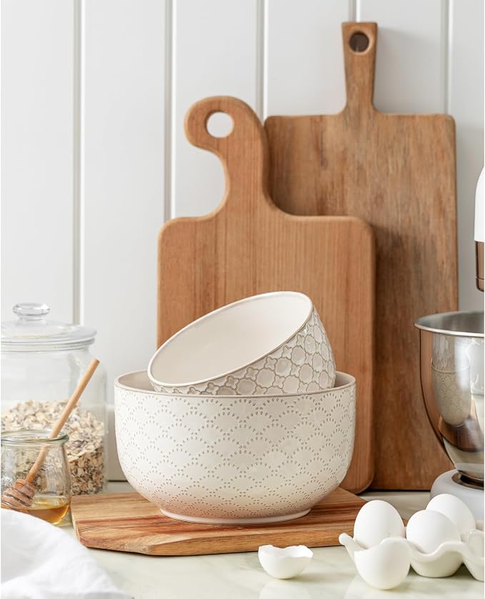 Mikiegy Ceramic Mixing Bowls Set of 2, Nesting Ceramic Embossment Stoneware - Image 2