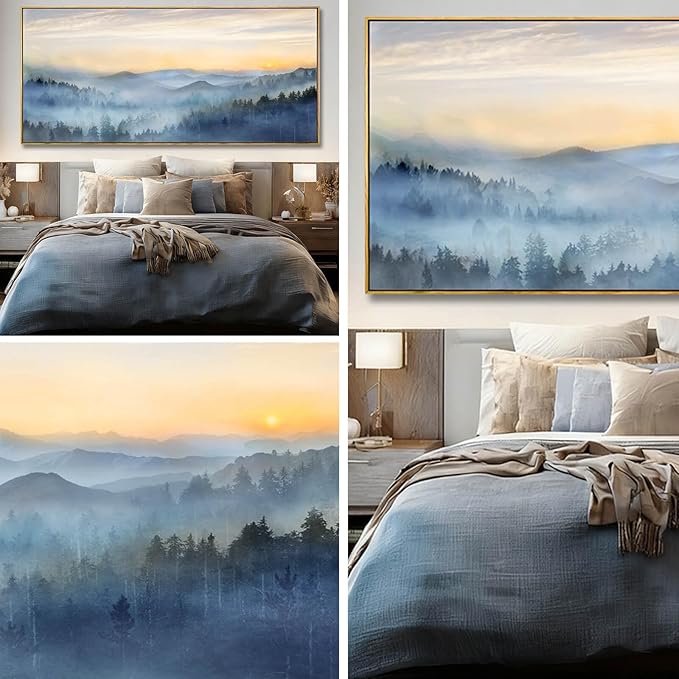 YJYart Blue Prints for Wall Decor Forest Wall Art Mountain Canvas Pictures 40"x86" Large Posters for Dining Room Office Artwork