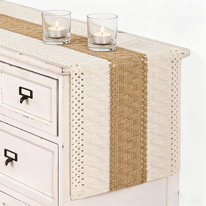 Ivory & Burlap Boho Table Runner Farmhouse Woven Table Runner 12x72 Inch | - Image 2