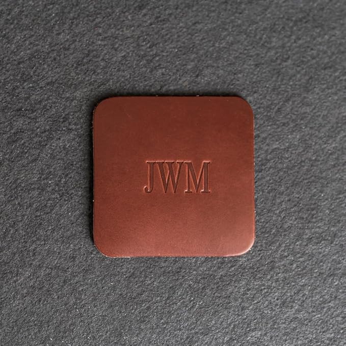 Ox & Pine Personalized Leather Coaster - Sold Individually or in Sets of 4 - Customize Inscription - 100% Full-Grain Leather – 4" Round or 4" Square (Round, Deep Ocean, 1 Individual Coaster)