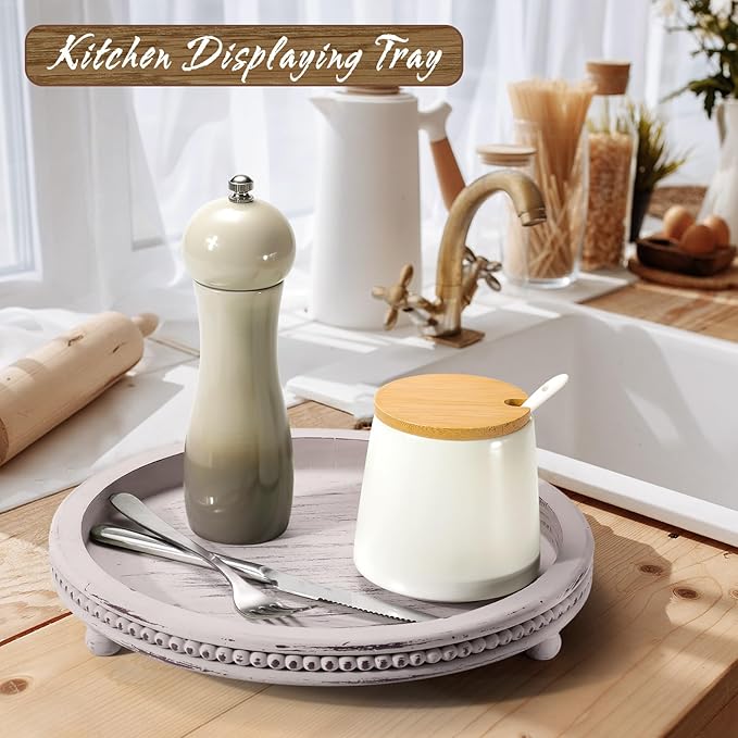 Handmade Wooden Decorative Tray, Small Beaded Coffee Table Tray Decor, Grey Round Decorative Tray for Coffee Table, Dining Room Table Entryway and Living Room Table