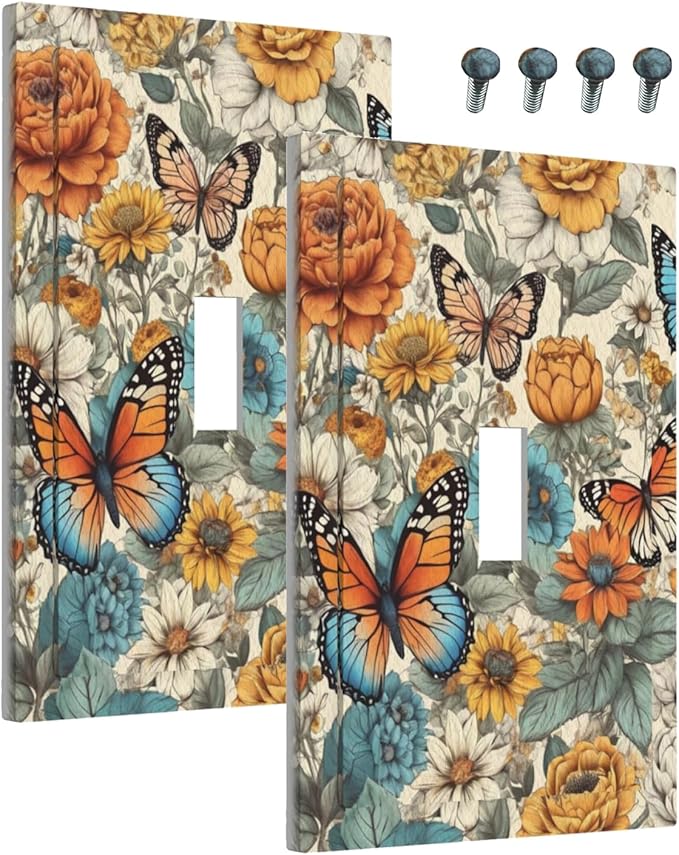 Decorative Light Switch Cover Vintage Colorful Floral Butterfly Flowers 1 Gang Wall Plate Cover Single Toggle Outlet Covers Switchplate Electrical Faceplate for Bathroom Bedroom Decor（2 Pack）
