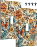 Decorative Light Switch Cover Vintage Colorful Floral Butterfly Flowers 1 Gang Wall Plate Cover Single Toggle Outlet Covers Switchplate Electrical Faceplate for Bathroom Bedroom Decor（2 Pack）