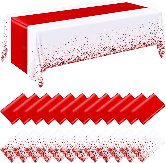 Breling 24 Pack White and Red Disposable Plastic Tablecloths and Satin Table Runner Set, 54 x 108 Inch Tablecloth, 12 x 108 Inch Table Runners for Wedding Graduation Birthday Baby Shower