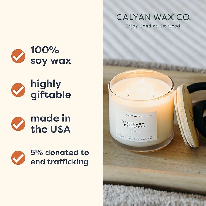 Calyan Wax Co. Rosewood & Amber 3 Wick Scented Candle - 43 Hour Burn - Luxury 3 Wick Soy Candles - Non Toxic Soy Wax Candles - Long Lasting Large Glass Jar Candle for Home - 14.9oz