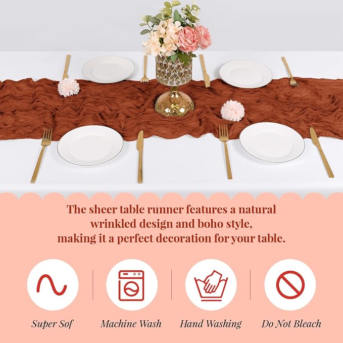 6 Pack Terracotta Cheesecloth Table Runner, 17 x 108 Inch, Gauze Cheese Cloth - Image 4
