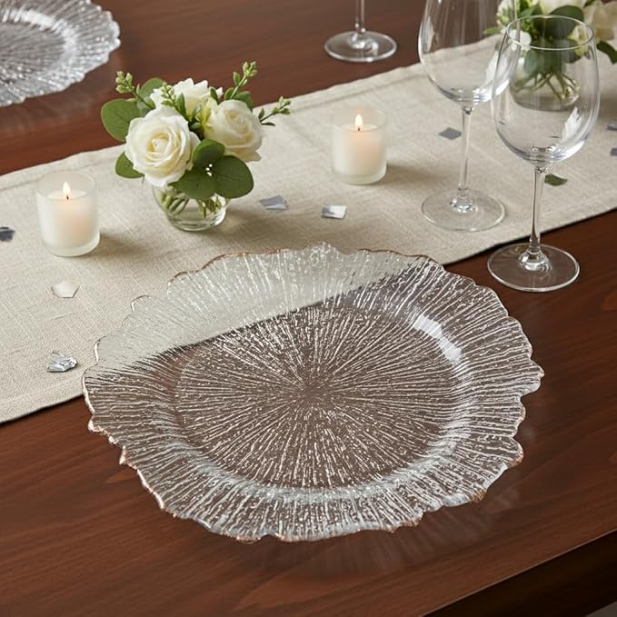 LOYALHEARTDY 25 Pack 13 Inch Charger Plates, Clear Plastic Reef Rim Charger Plates with Rose Gold Rim, Round Decorative Underplates for Wedding, Party, Dinner Table