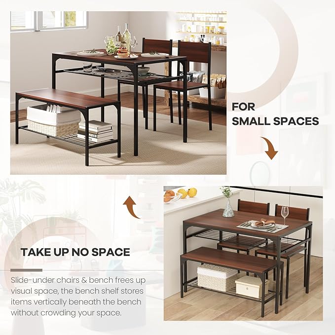 NAFORT 4-Piece Dining Table Set for 4, Industrial Kitchen Table with 2 Chairs & Bench, Rustic Wood Dining Set with Metal Frame & Storage Shelves, Space-Saving Dining Furniture for Apartment