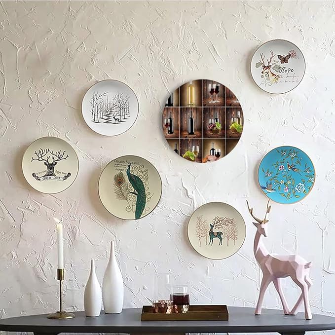 Ceramic Plates, Wine Decorative Ceramic Plates, Wine Themed Collage on Wooden Backdrop with Grapes and, 10 Inch, for Dining, Parties, Wedding, Brown Black Red