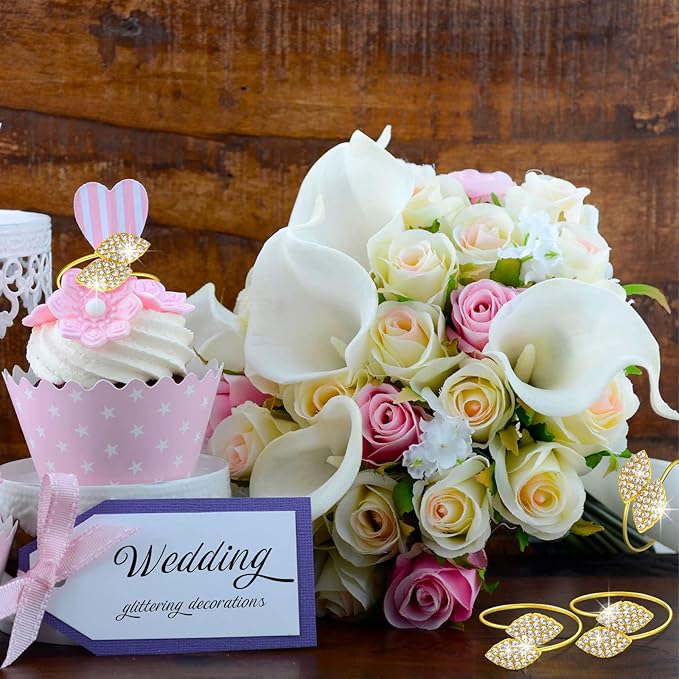 Hotop 200 Pcs Valentine's Day Napkin Rings Gold Table Decorations, Elegant Bling Leaves Napkin Rings, Rhinestone Guest Towels Buckle for Holiday Gather Party, Wedding Dinner Banquet Table Decoration