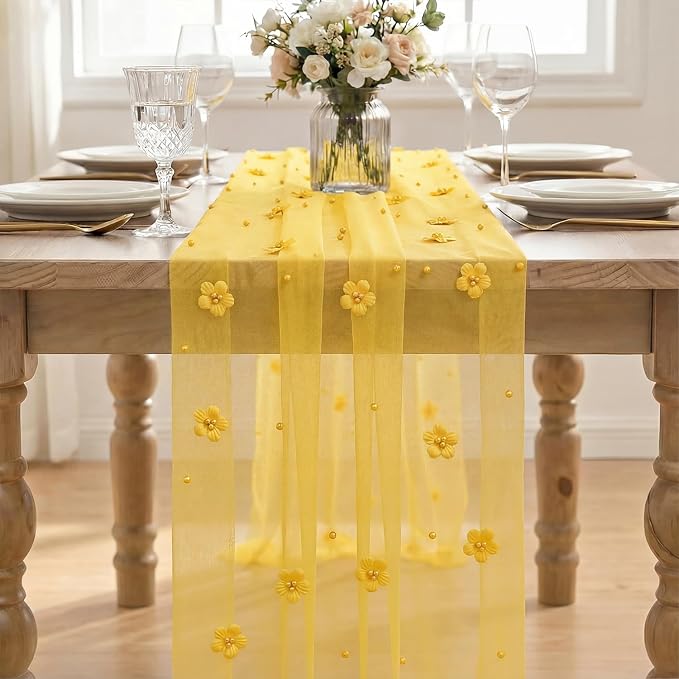 Artoid Mode Yellow Flower Pearl Yellow Gauze Table Runner 10FT 3PC, Seasonal - Image 2