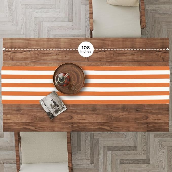 Folkulture Fall Table Runner 108 Inches Long | Orange & White Striped | Table - Image 2