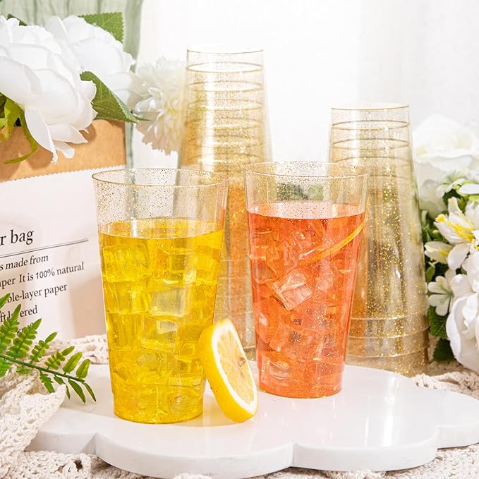 I00000 16 oz Gold Plastic Cups, 50 Pack Gold Glitter Plastic Cups Tumblers Disposable Party Cup Wedding Cup, Heavy-duty Plastic Disposable Glasses Ideal for Birthday, Wedding & Party