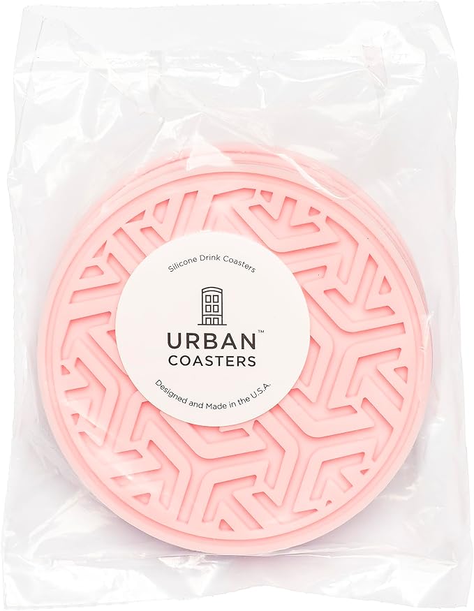 Drink Coasters for Tabletop Protection - Set of 4 No-Slip Silicone Rubber Coasters for Coffee Table, Desk & More - USA-Made Coasters for Drinks w/Liquid-Catching Grooves (Light Pink)
