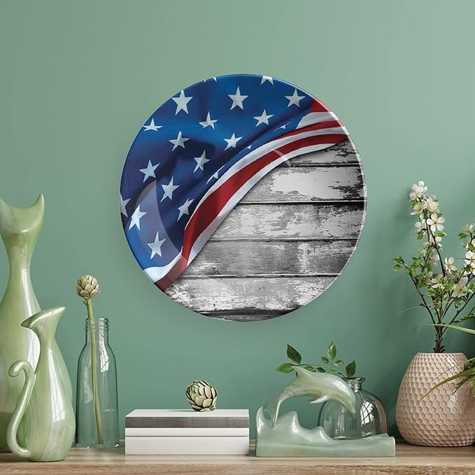 Ceramic Plates, American Flag Decor Decorative Ceramic Plates, Flag Over Antique Rustic Rippled Board, 8 Inch, for Dining, Parties, Wedding, Grey Navy
