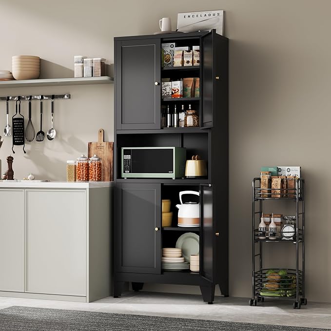 Metal Pantry Storage Cabinet, 69" Tall Storoge Cabinet with 4 Doors & 3 Adjustable Shelves, Microwave Stand with Storage for Kitchen, Dining Room, Living Room (1PC,Black)