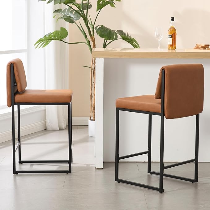 Modern Barstools Set of 4, 26” Upholstered Counter Height Bar Stools PU Leather Fabric Counter Stools with Padded Back Metal Frame for Kitchen Island Dining Room, Brown