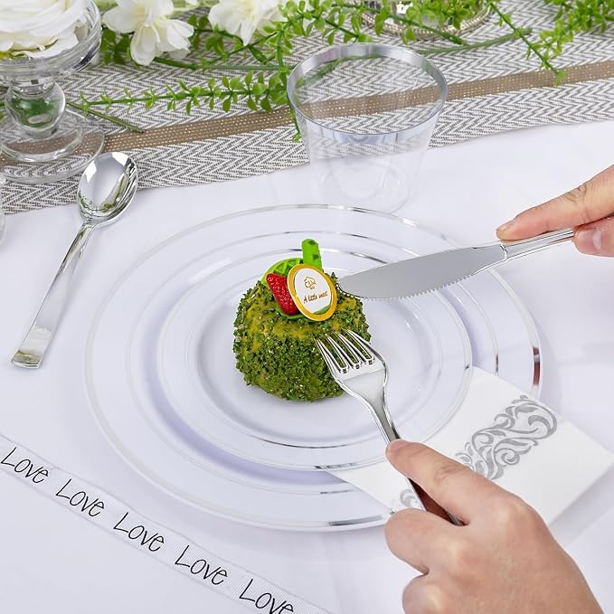 WELLIFE 700 Pieces Silver Plastic Dinnerware Set - Image 4