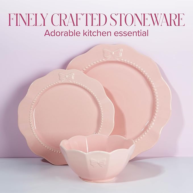 Paris Hilton 12-Piece Dinnerware Set, Embossed Bow Design, Iconic Ceramic - Image 4