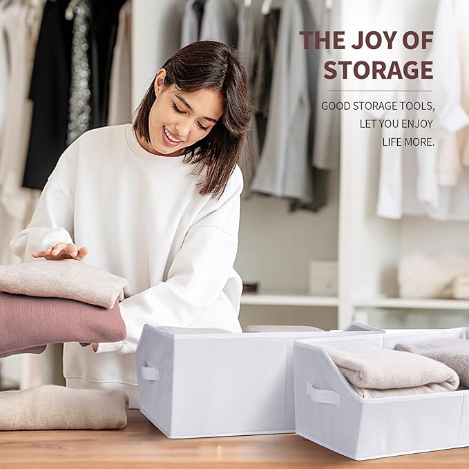 Closet Baskets for Shelves Trapezoid - Decorative Storage Baskets with Handle, Closet Bins for Organization, Shelf Storage Bins for Clothes, Books, Home, Office, 3 pack, White