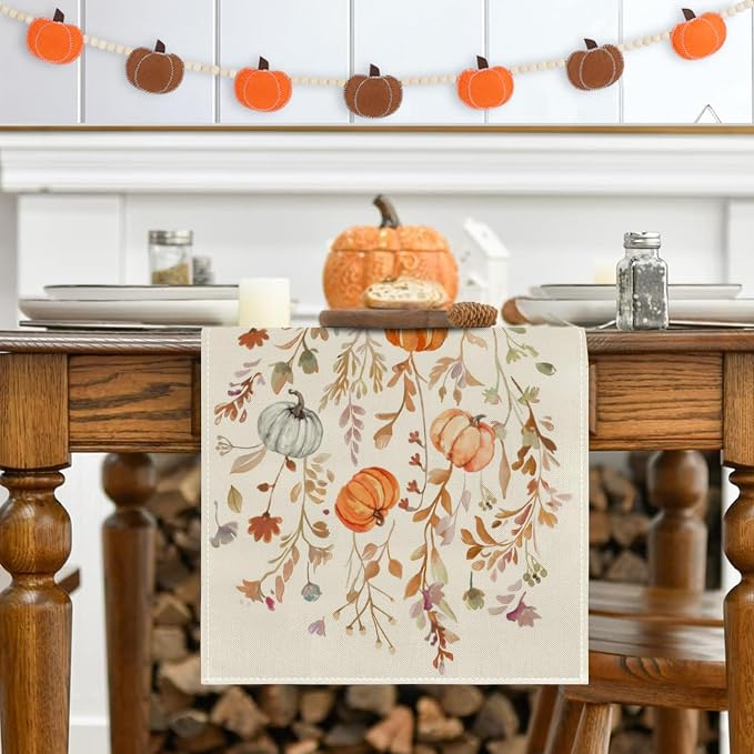 RABUSOFA Orange Pumpkins Floral Fall Table Runner, Seasonal Autumn Kitchen - Image 5