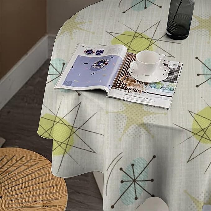 Mid Century Retro Round Tablecloth, Modern 1950s Style Abstract Geometric Vintage Print Tablecloth for Home Party Dining Room Kitchen Decor 50Inch(127cm)