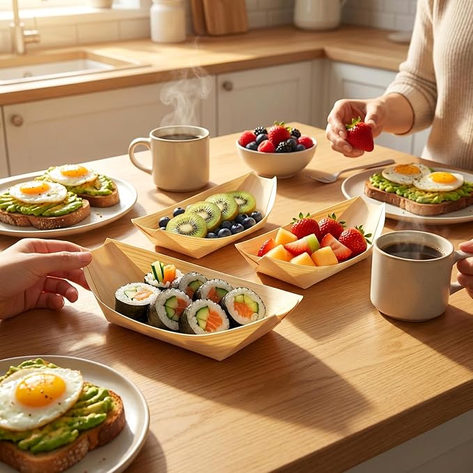 400 PCS Wood Boat Plates, 4 Inch Disposable Wood Sushi Boats Serving Tray, Wooden Food Boat for Appetizer Sushi Dessert Buffet Snacks