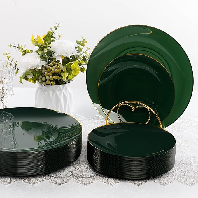 100 PCS Green Gold Plastic Plates, 7 inch Green Disposable Plates for Party, Disposable Dessert Plates for Party, Graduation, Birthday, Wedding
