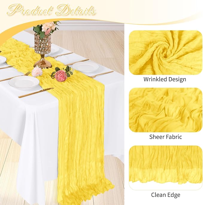 3 Pack Lemon Yellow Cheesecloth Table Runner, 17 x 108 inch, Semi Sheer Boho - Image 4