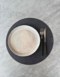 modern-twist 15" Round Silicone Placemat, BPA, PVC-Free Table Mat, Dishwasher Safe, Linen Print in Black, Pack of 1