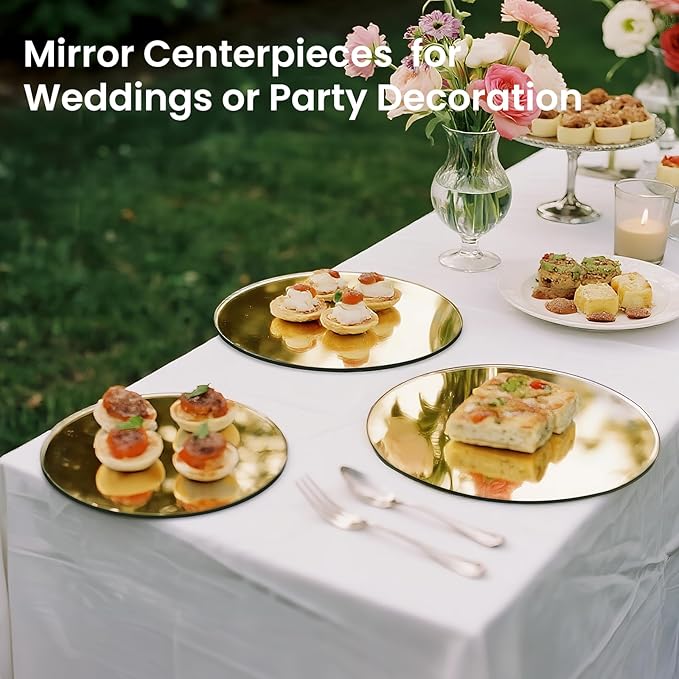 12" Gold Mirror Centerpieces for Table, 12Pcs Glass Round Mirror Table Centerpieces，Color Glass Trays with Feet for Wedding Decorations,Parties,Baby Shower, 2mm Thick