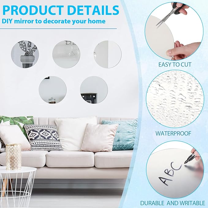 Cindeer Set of 24 Acrylic Round Mirror Plate Circle Mirror Trays Wedding Baby Shower Party Centerpieces for Tables Self Adhesive Non Glass Stickers for Home or Wall Candle Crafts Decor(10 Inch)