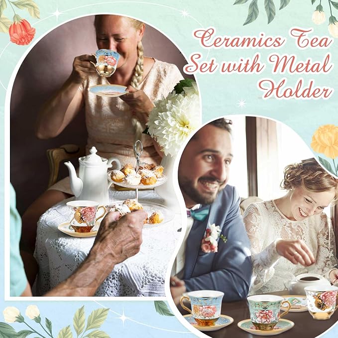 Teenyyou Set of 6 Tea Cups and Saucers Tea Party Decorations Floral Porcelain - Image 6