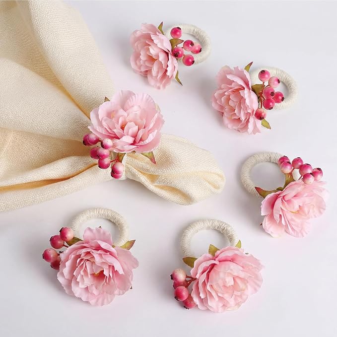 Chengu 12 Pcs Pink Floral Napkin Rings Summer Handcraft Flower Napkin Rings - Image 7