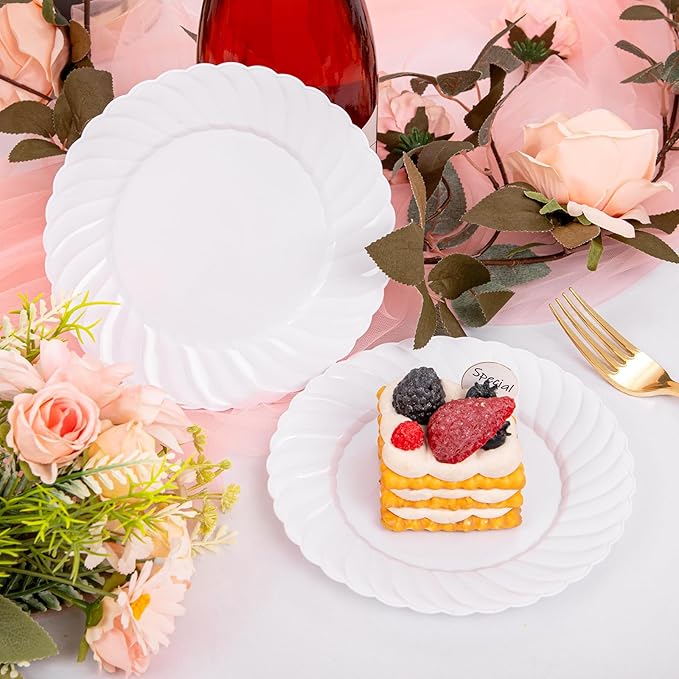 U-QE 60 Pieces White-Plastic-Plates for Party - White Disposable Plates 6 Inch - Salad/Dessert Plates Disposable Heavy Duty for Birthdays, Celebrations, Wedding and Events