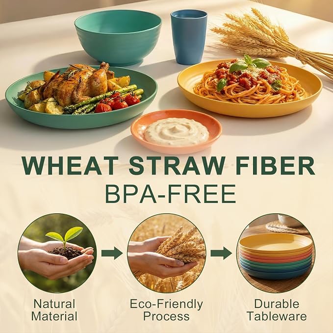 Wheat Straw Dinnerware Sets 40 Piece, Kitchen Plates and Bowls Set, Unbreakable - Image 3