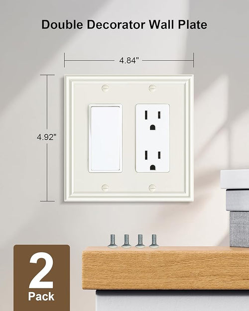 2-Pack Double Decorator Switch Covers Wall Plate, Zinc Alloy Light Almond Wall Plates for Electrical Outlets, Receptacle, GFCI Outlet, Dimmer Switch, Corrosion Resistant
