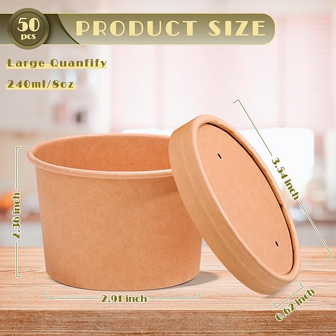 DI QIU REN 8oz Paper Soup Container Cup with Vented Lids, Disposable Paper Food Container Kraft Dessert Bowl Soup Bowls, Microwavable and Freezer Safe for Hot Soup, Ice Cream (100 Pcs - Kraft, 8 oz)