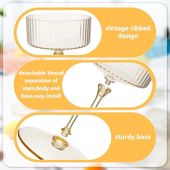 24 Pcs Ribbed Martini Glasses 10 oz Disposable Plastic Vintage Ribbed Coupe Glasses Unbreakable Dessert Parfait Glassware for Wedding Birthday Party Supplies (Gold)