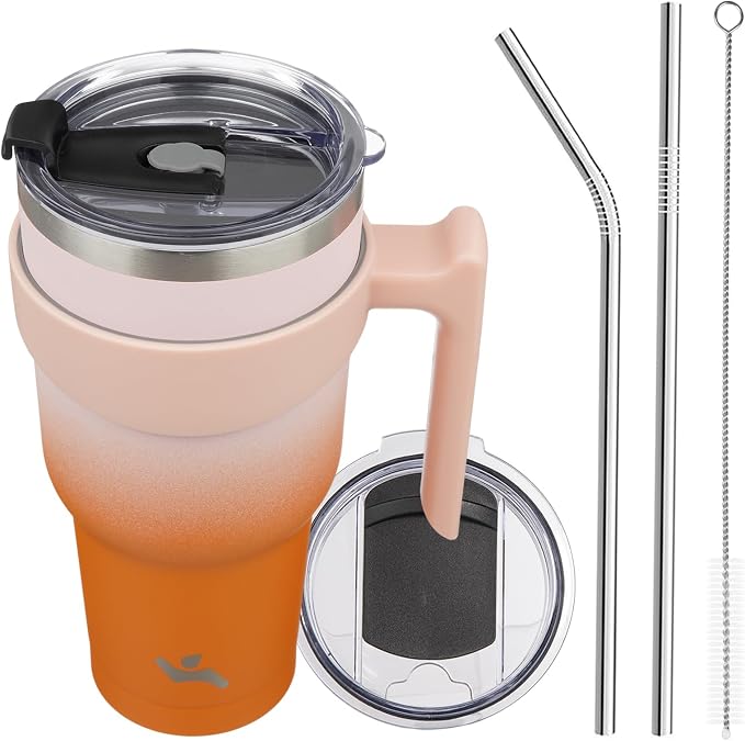 Konokyo 40 oz Tumbler with Handle and Straw, Insulated Travel Mug | Coral; by Konokyo