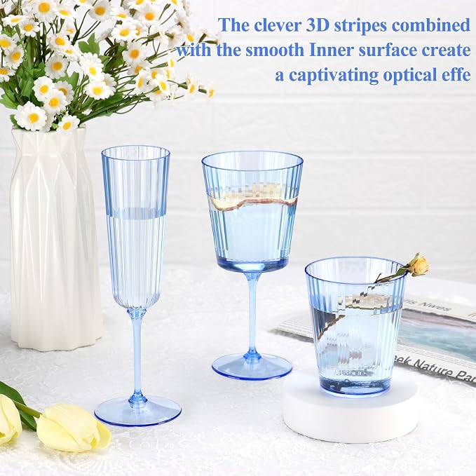 12 PCS Plastic Ribbed Drinking Glasses 10oz Blue Vintage Ripple Stemless Wine - Image 6