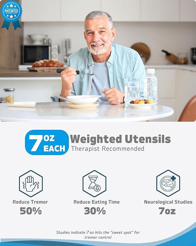 Adaptive Utensils (4-Piece Set) Weighted 7 oz - 42° Angled Utensils for Parkinson's Patients, Hand Tremors, Arthritis & Elderly - Eating Utensils for Elderly (Black: Right Handed)