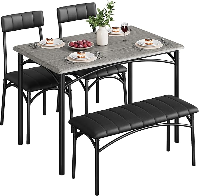 4-Piece Small Dining Table Set – Wood Table with 2 Upholstered Chairs & Bench, Space-Saving Retro Kitchen Dining Set for Small Apartment/Dining Room, Black