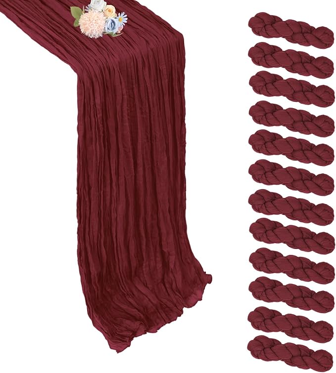 12 Pack Burgundy Cheesecloth Table Runner 17 x 108 Inch | Boho Gauze Cheese by Pepmily