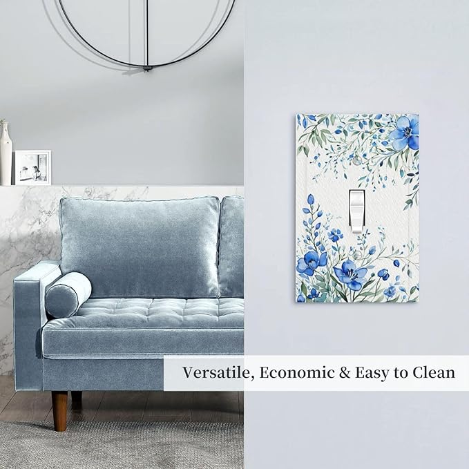 Decorative Light Switch Cover Blue Watercolor Flowers Retro Floral Leaves 1 Gang Wall Plate Cover Single Toggle Outlet Covers Switchplate Electrical Faceplate for Bathroom Bedroom Decor（2 Pack）