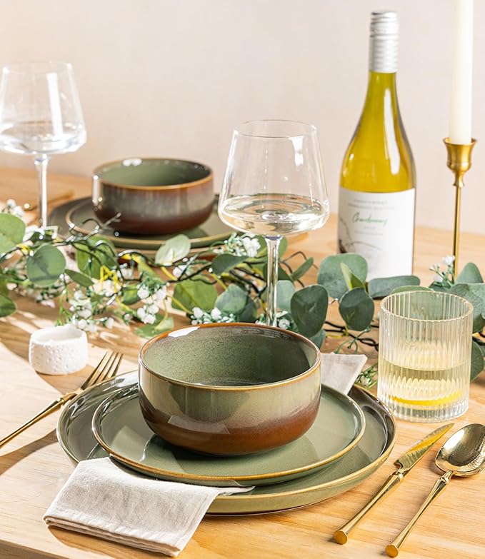 TheTerra Ceramic Dinnerware Sets for 6, 18 Pieces Handmade Reactive Glaze Plates and Bowls Set, Scratch Resistant Dish Set, Oven & Microwave & Dishwasher Safe, Service for 6, Sage Umber