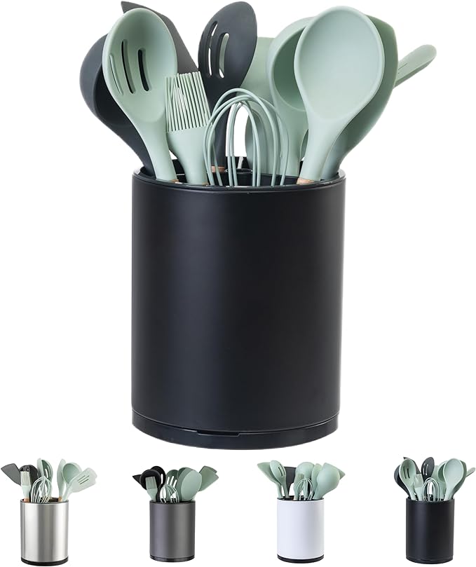 Kitchen Utensil Holder Extra Large 360°Rotating For Counter Organizer Stainless Steel Storage Cooking Silverware Caddy 3 Compartment Flatware Spoon Spatula Tool Cutlery Container（Black）