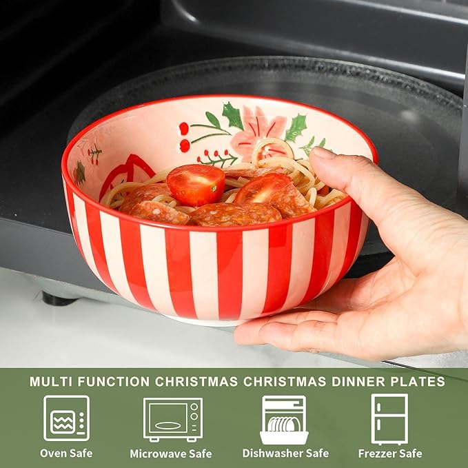 Ceramic Soup Bowls Set of 6,30 Ounce Stoneware Cereal Bowl,Porcelain Nesting Bowls for Oatmeal,Popcorn,Soup,Pasta,Fruit,Christmas Gift,Microwave & Dishwasher Safe,Christmas Bow
