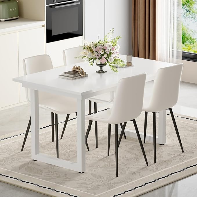 Extendable Dining Table Set for 8, 55"–71" Modern White Kitchen Table with 8 Upholstered Chairs, Space-Saving for Living Room Apartment, Sturdy & Comfortable, Easy Assembly