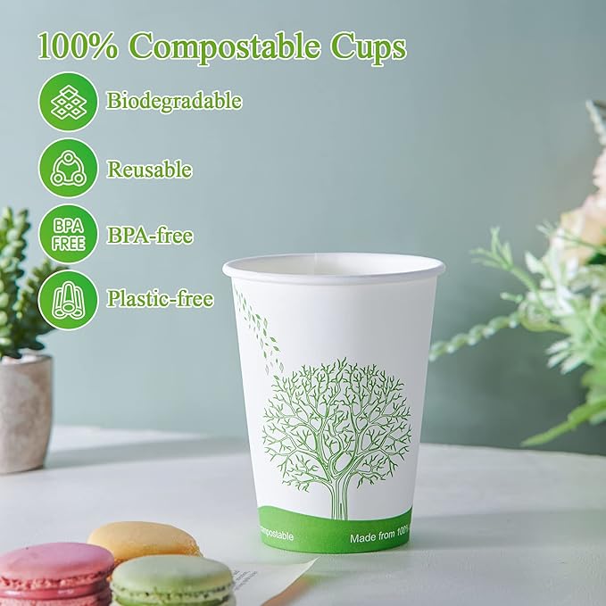 ECOLipak 240 Count 12 oz Compostable Paper Cups, Biodegradable Disposable Paper Coffee Cups with PLA Lined, Eco-friendly Hot Drinking Cups for Party, Picnic,Travel,and Events